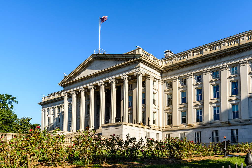 Treasury building facade and columns in Washington.