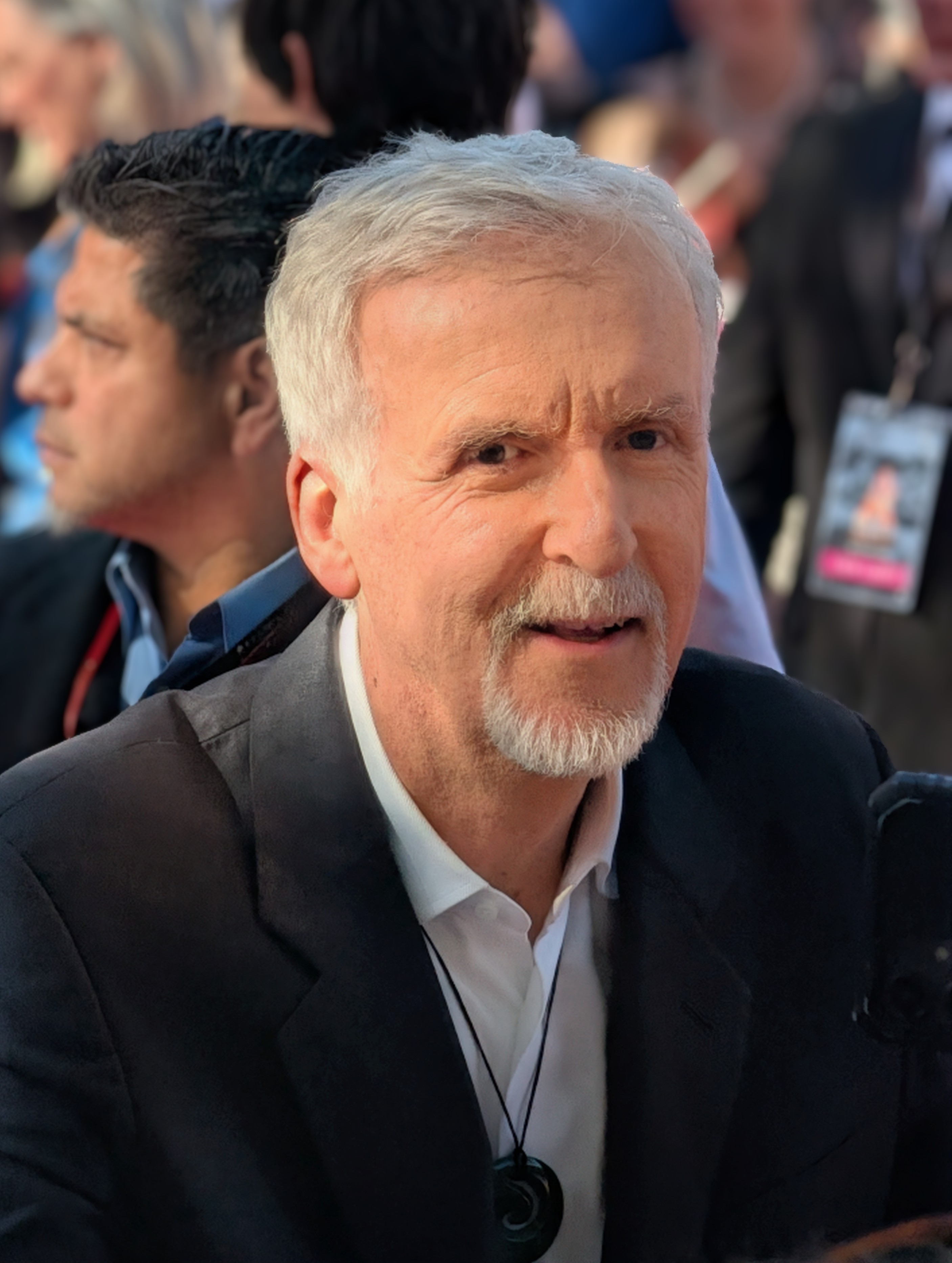 James Cameron in a dark jacket with attendees behind him
