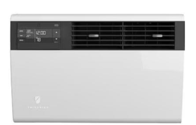 Gray window air conditioner with black grille.