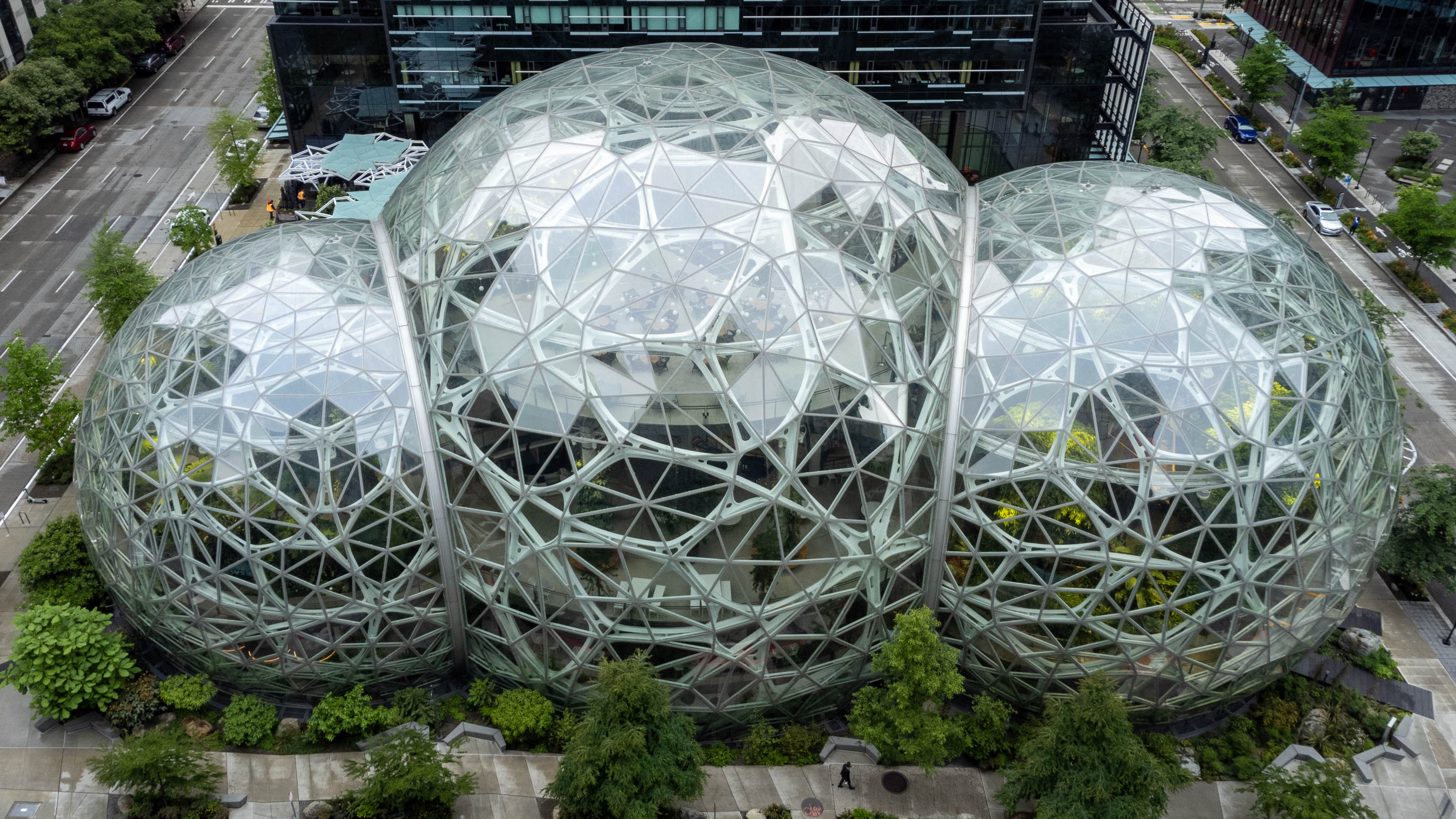 An elevated view of glass spheres and nearby Seattle streets.