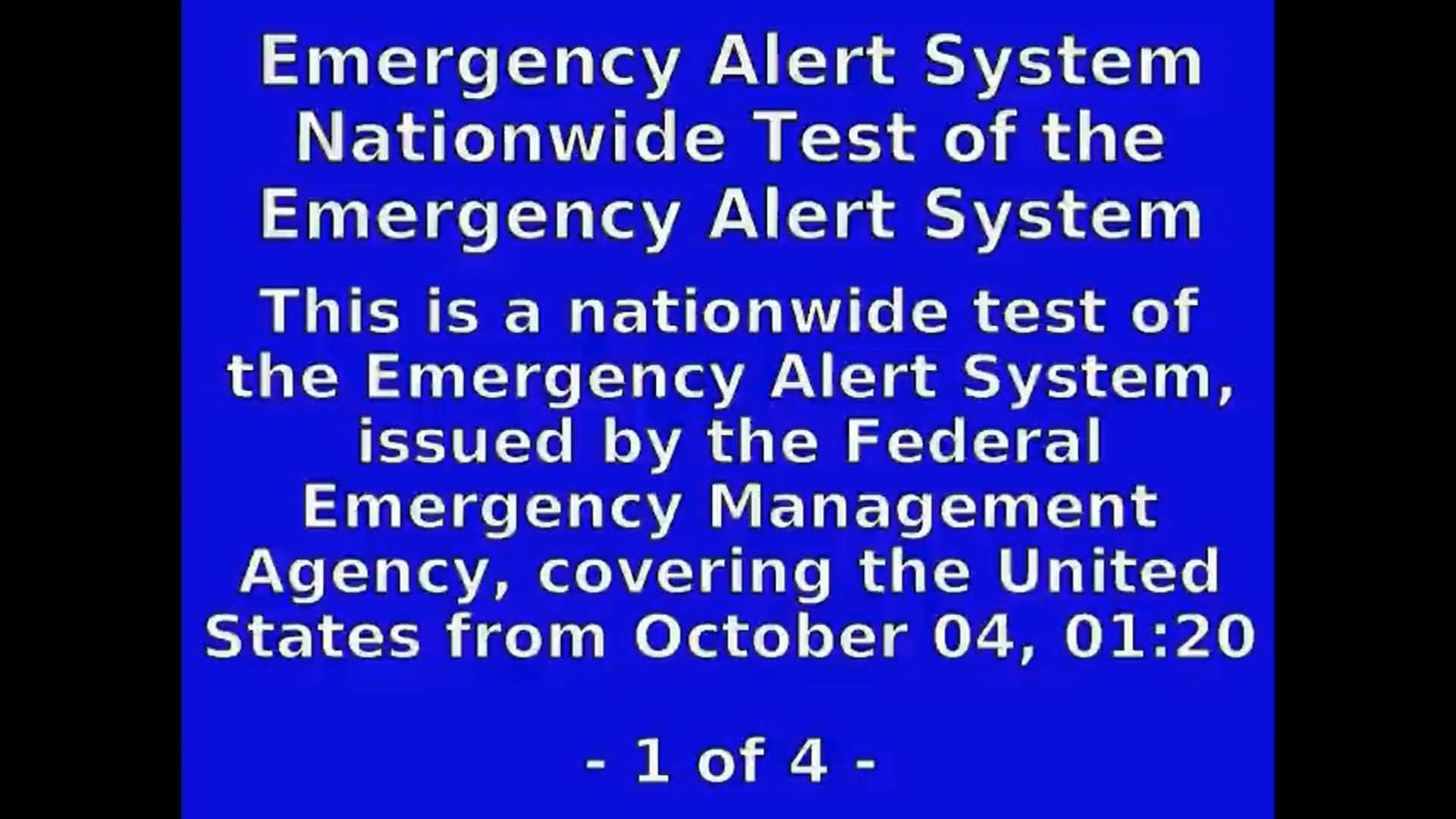 Blue television screen showing text from the 2023 nationwide Emergency Alert System test.