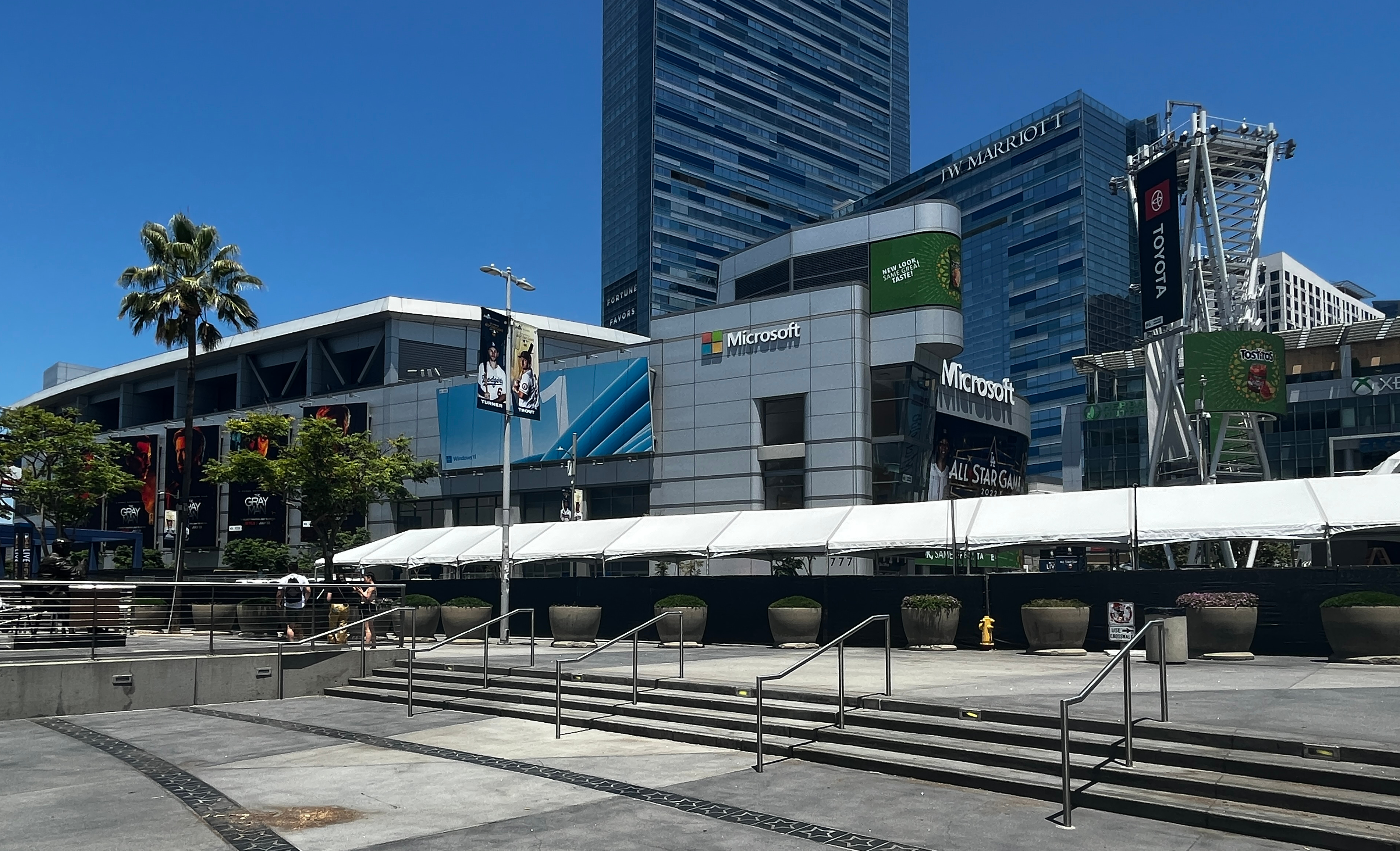 Theater exterior with Microsoft signage and a plaza in front.