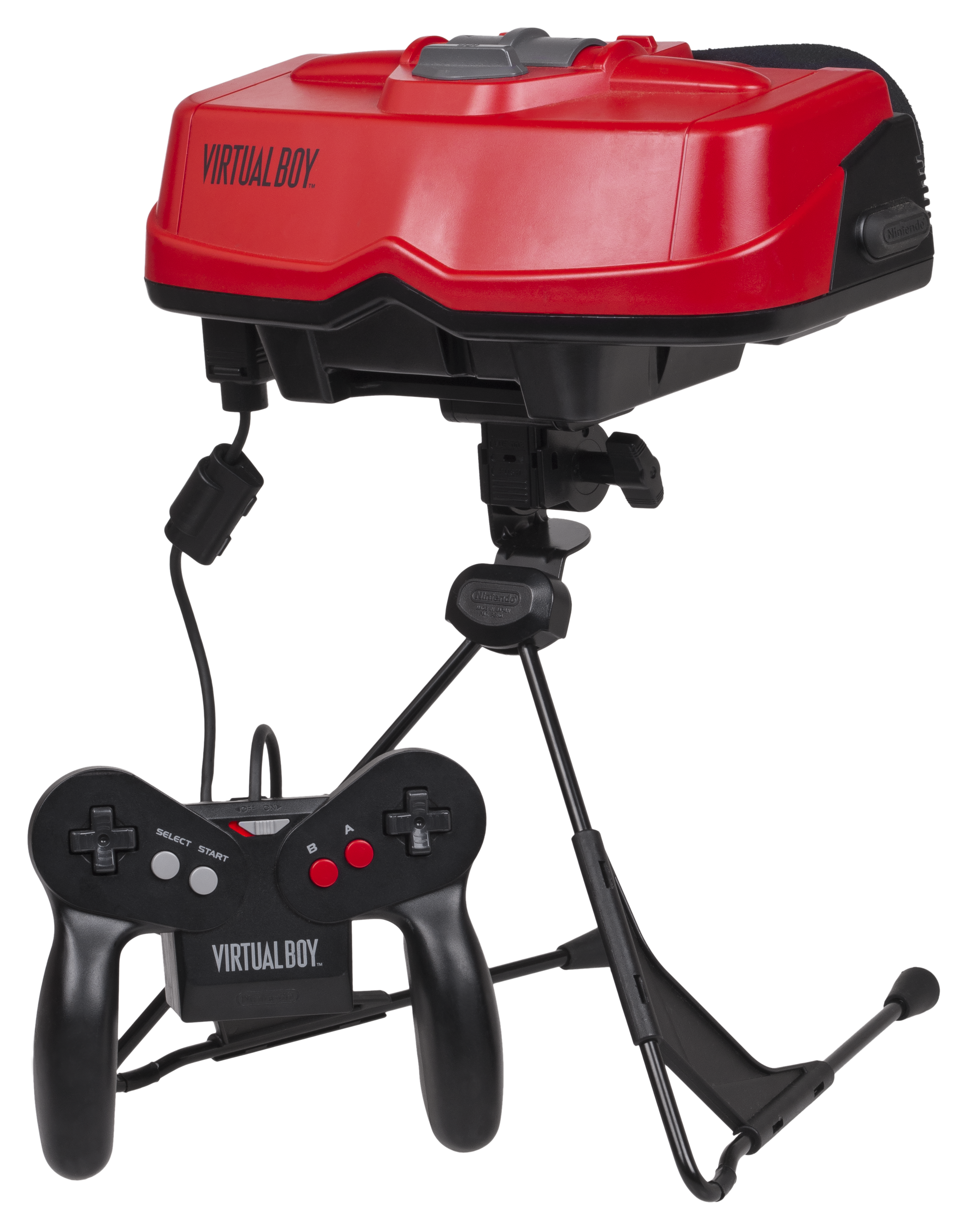 Red and black Virtual Boy visor on its stand with a wired controller.