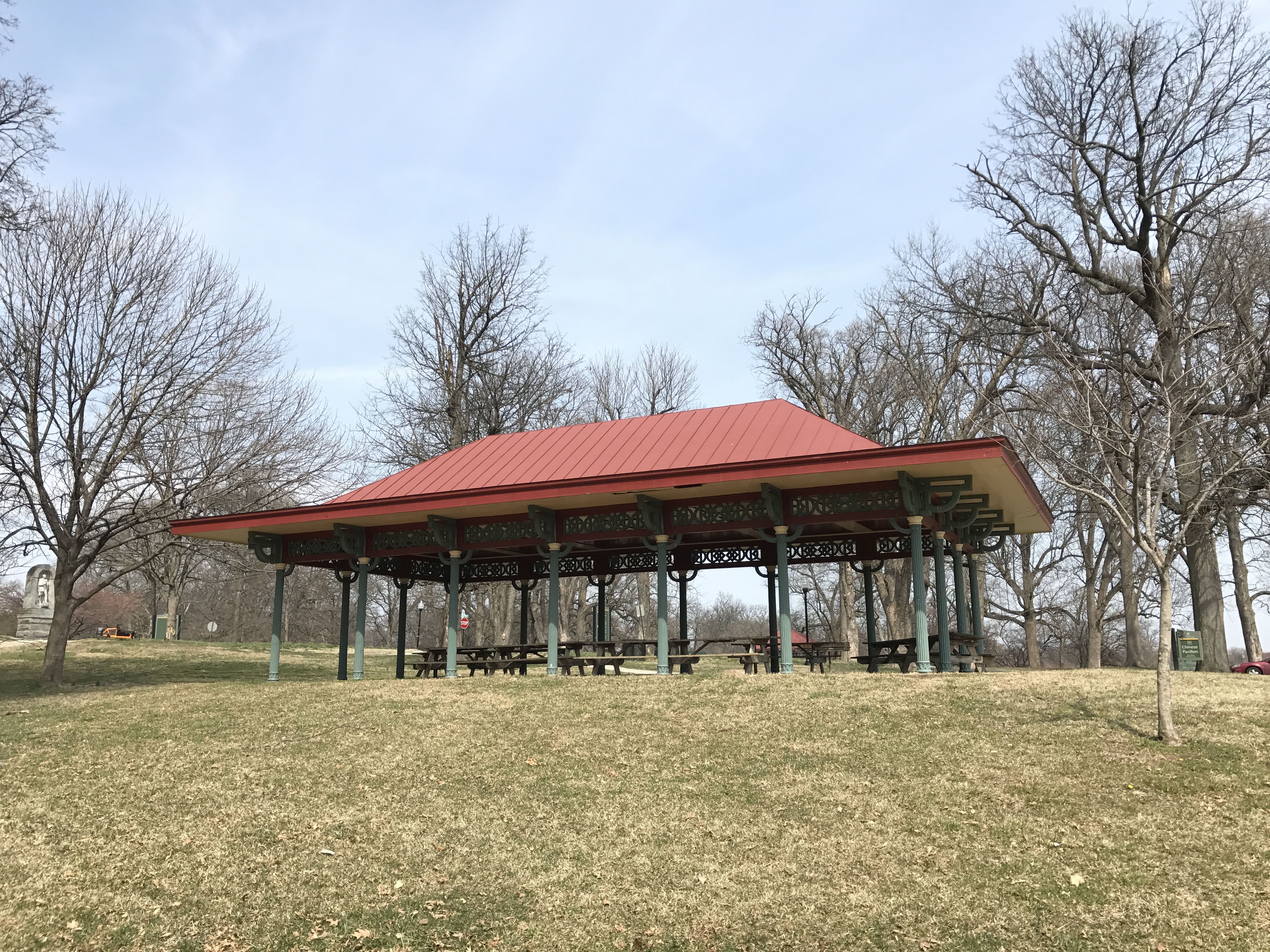 A picnic pavilion and grassy ground in Druid Hill Park.