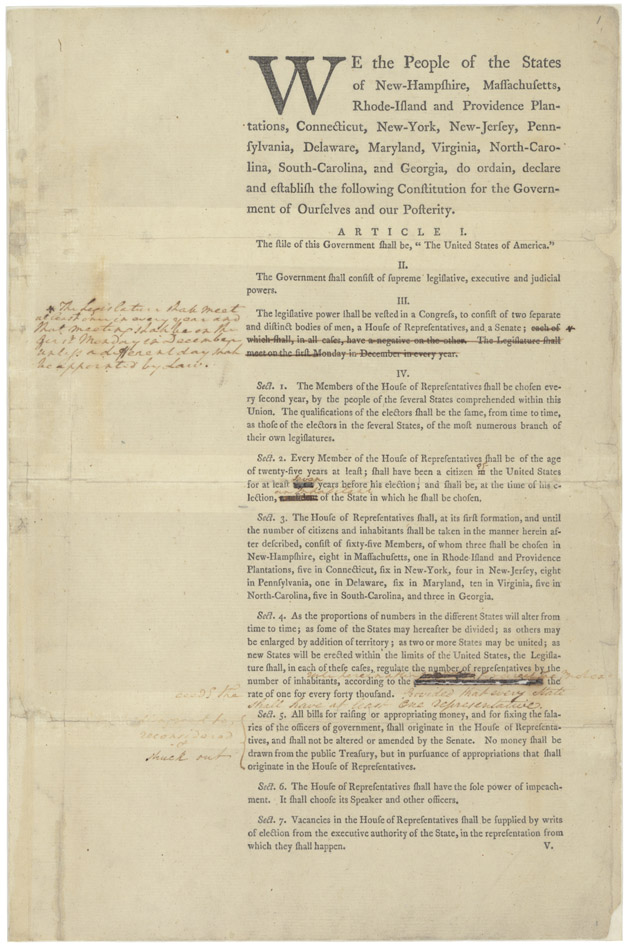 A printed constitutional draft with handwritten marginal notes and crossed-out passages.