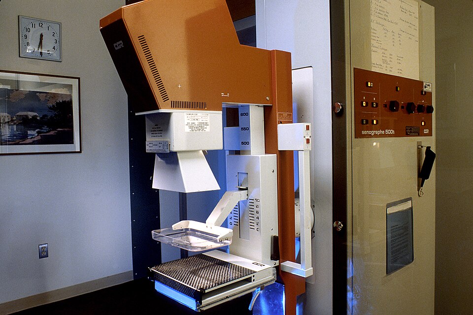 A mammography machine in a clinical room.