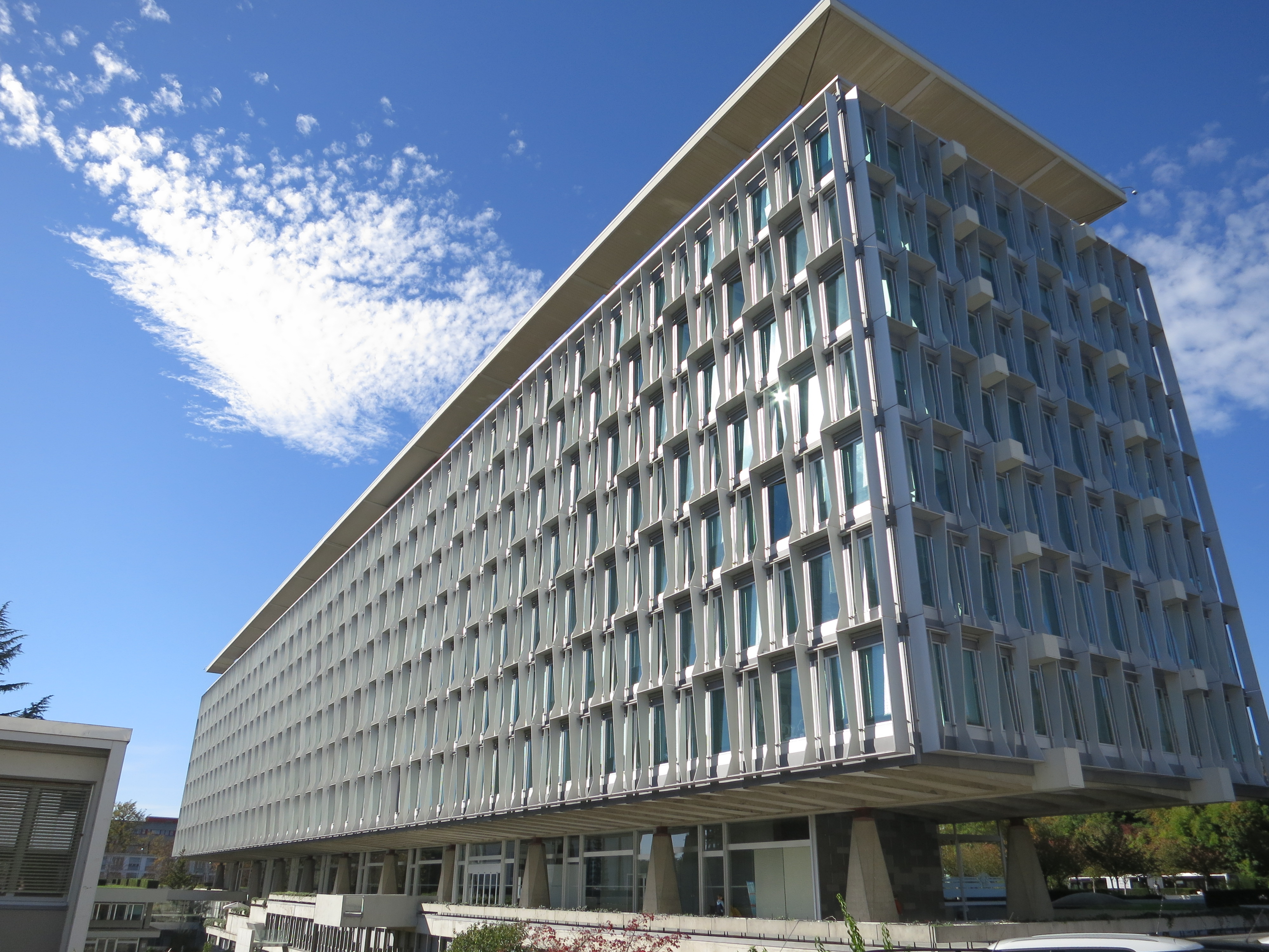WHO’s long, windowed headquarters facade beneath a blue sky.