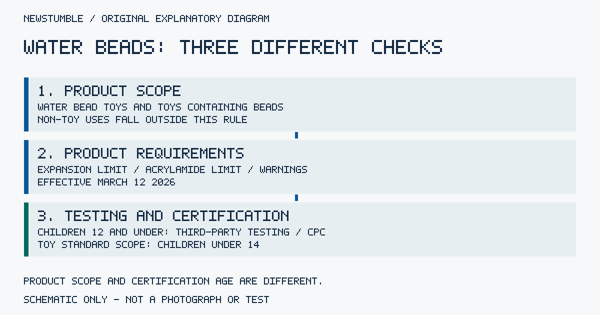 Diagram separates water-bead toy scope, product requirements and the age rules for third-party testing and certification.