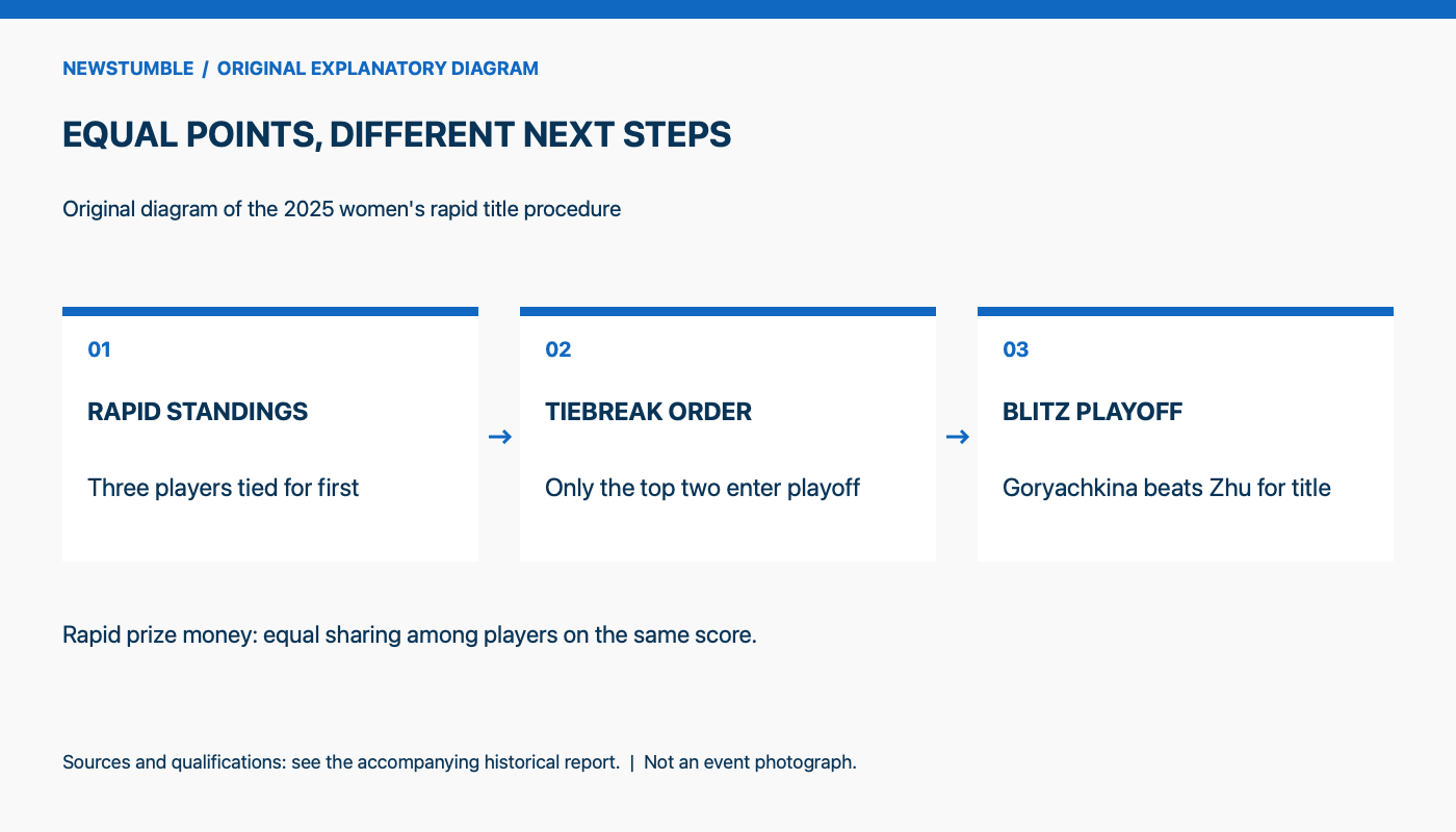 Original explanatory diagram. RAPID STANDINGS: Three players tied for first. TIEBREAK ORDER: Only the top two enter playoff. BLITZ PLAYOFF: Goryachkina beats Zhu for title. Rapid prize money: equal sharing among players on the same score.