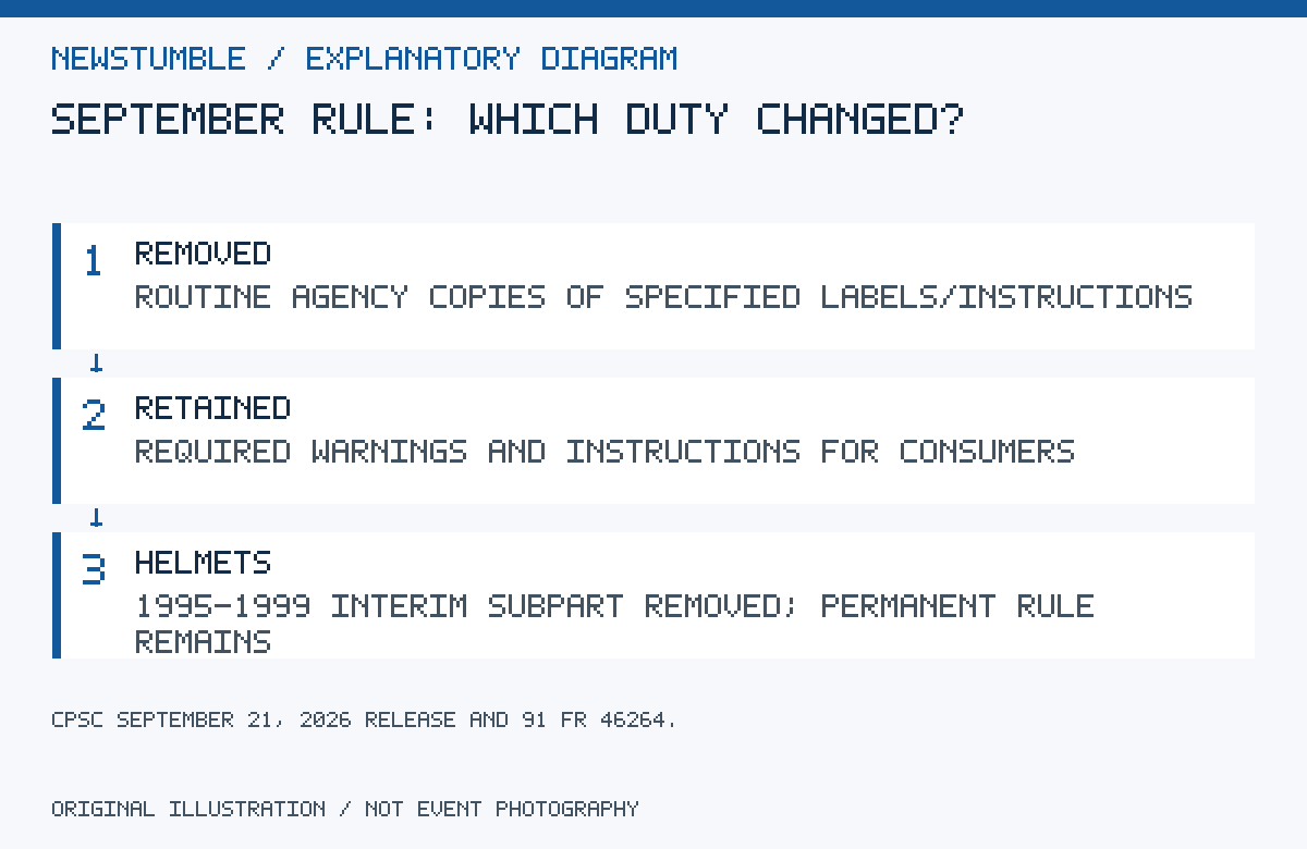 Diagram distinguishes removed agency submissions, retained consumer warnings and the continuing permanent helmet standard.