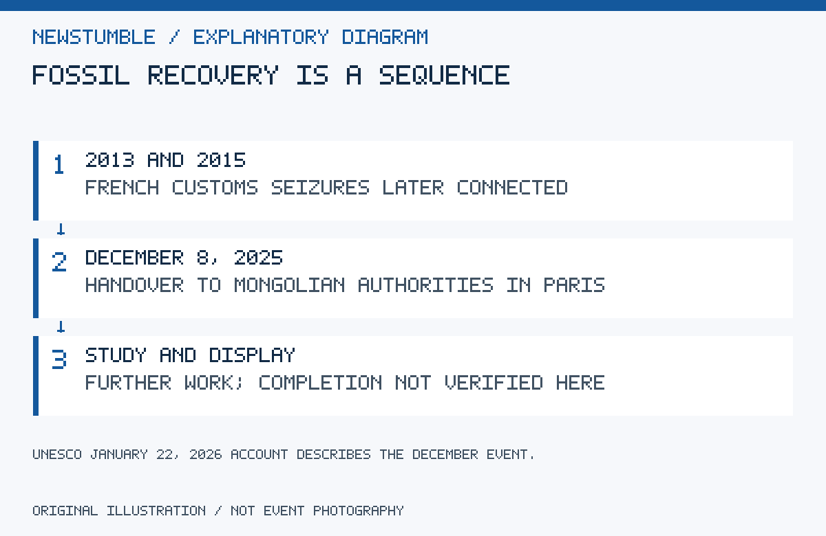 Timeline separates linked customs seizures and the handover from later research and display.