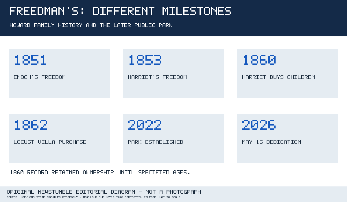 Six milestones: Enoch’s freedom in 1851, Harriet’s in 1853, Harriet’s conditional purchase of the children in 1860, Locust Villa in 1862, park establishment in 2022, dedication May 15, 2026.