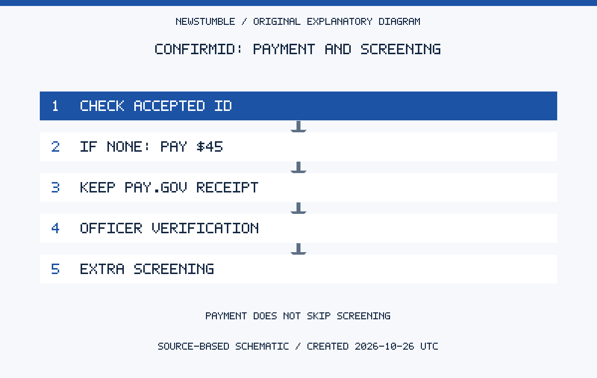 CONFIRMID: PAYMENT AND SCREENING. CHECK ACCEPTED ID. IF NONE: PAY $45. KEEP PAY.GOV RECEIPT. OFFICER VERIFICATION. EXTRA SCREENING. PAYMENT DOES NOT SKIP SCREENING