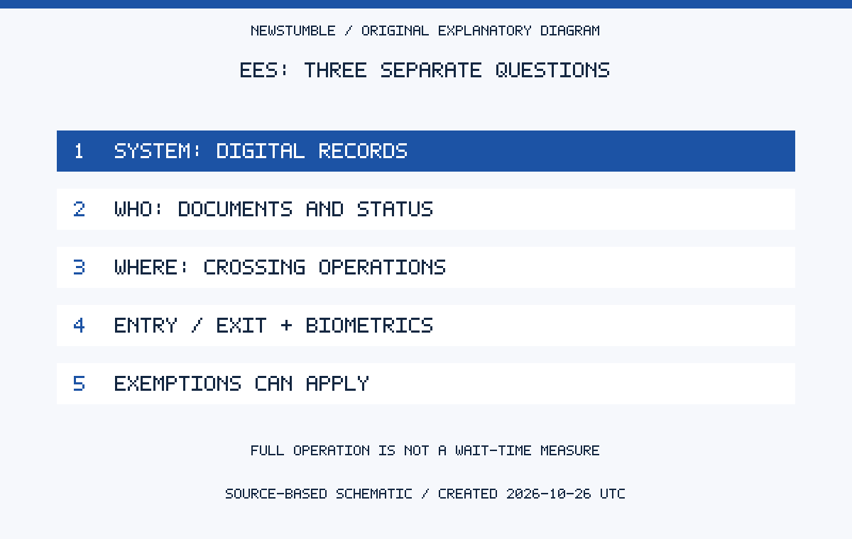 EES: THREE SEPARATE QUESTIONS. SYSTEM: DIGITAL RECORDS. WHO: DOCUMENTS AND STATUS. WHERE: CROSSING OPERATIONS. ENTRY / EXIT + BIOMETRICS. EXEMPTIONS CAN APPLY. FULL OPERATION IS NOT A WAIT-TIME MEASURE