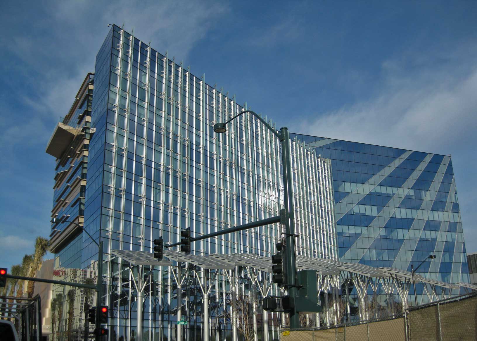 Glass façades and a canopy outside Las Vegas City Hall.