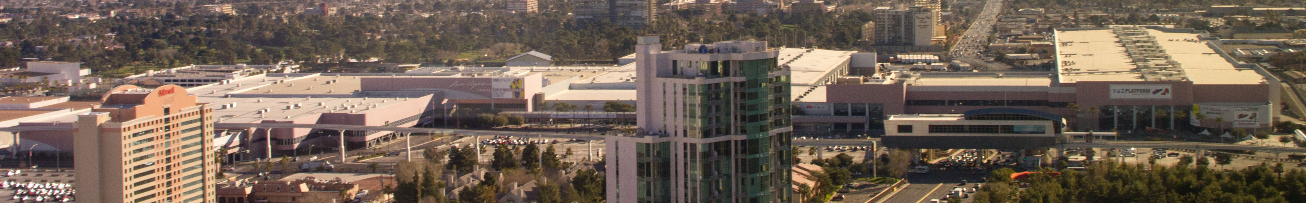 A wide view of Las Vegas Convention Center buildings.