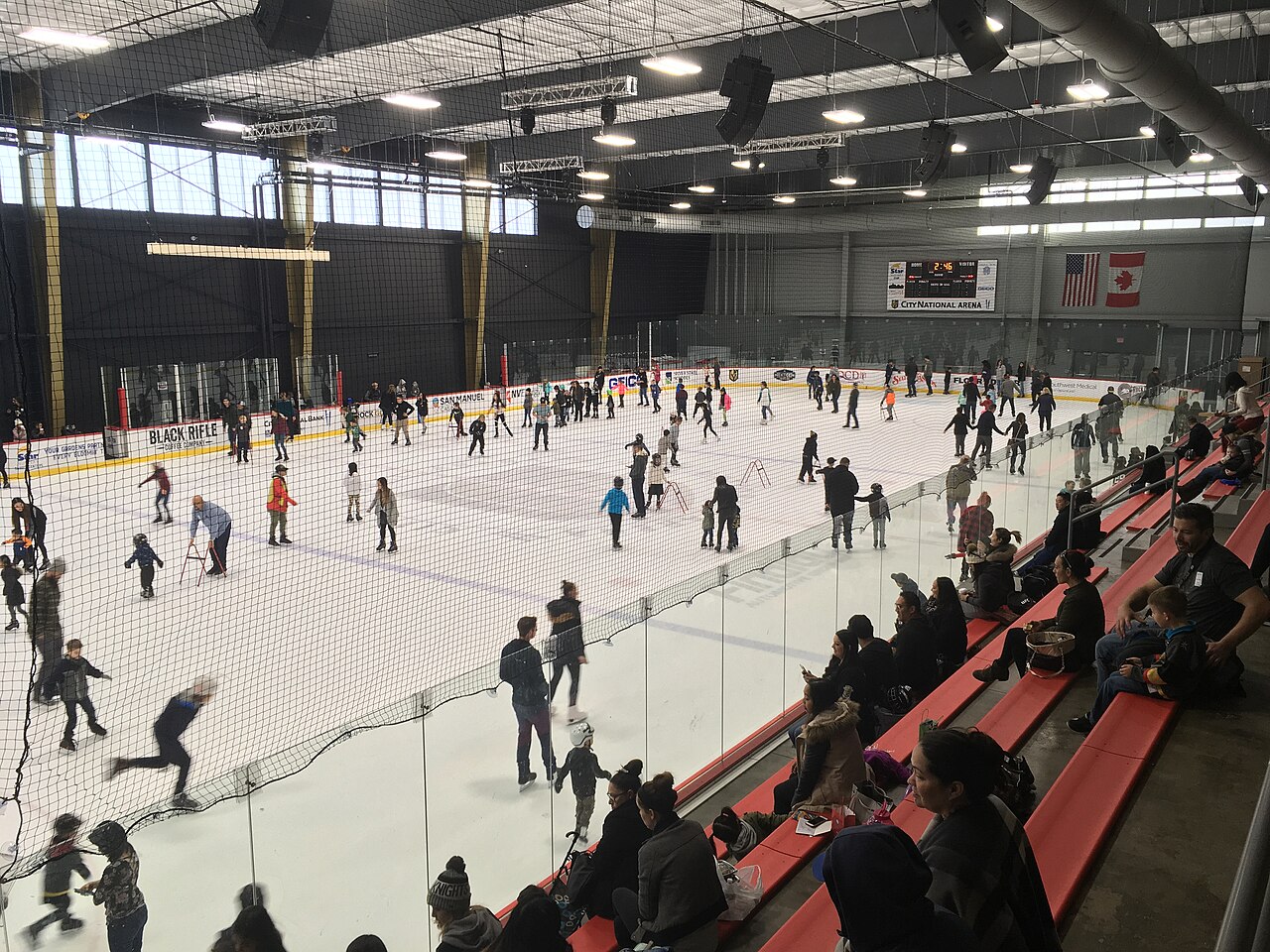 Skaters and spectators at an indoor ice rink.