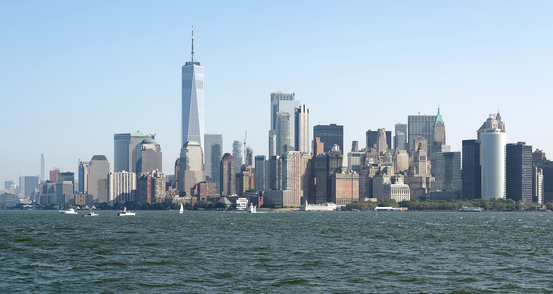 Manhattan office towers along the waterfront, photographed from Upper New York Bay.