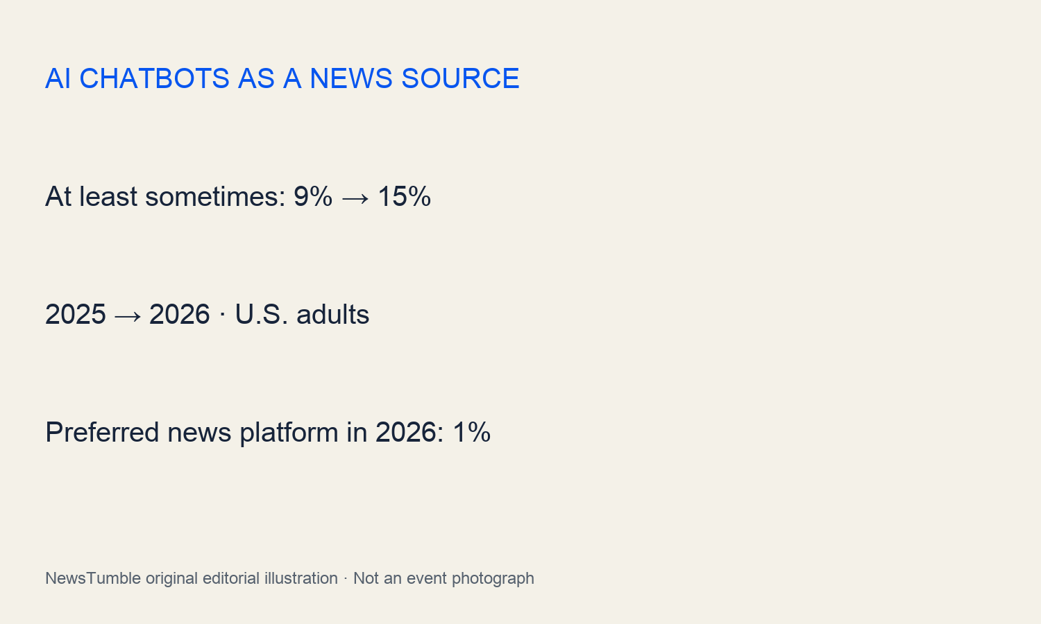 AI CHATBOTS AS A NEWS SOURCE; At least sometimes: 9% → 15%; 2025 → 2026 · U.S. adults; Preferred news platform in 2026: 1%