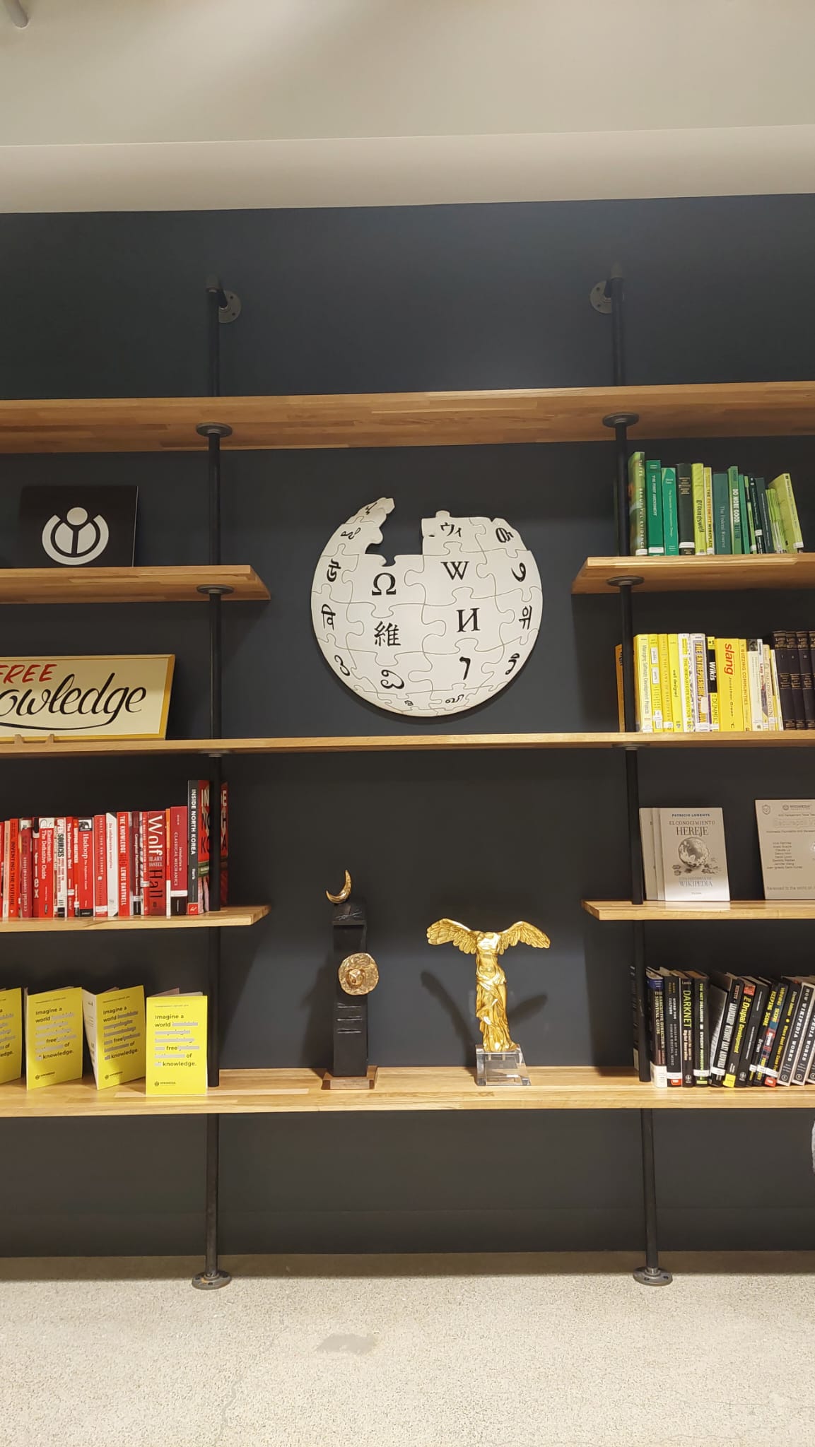 Wikipedia globe on an office bookshelf.