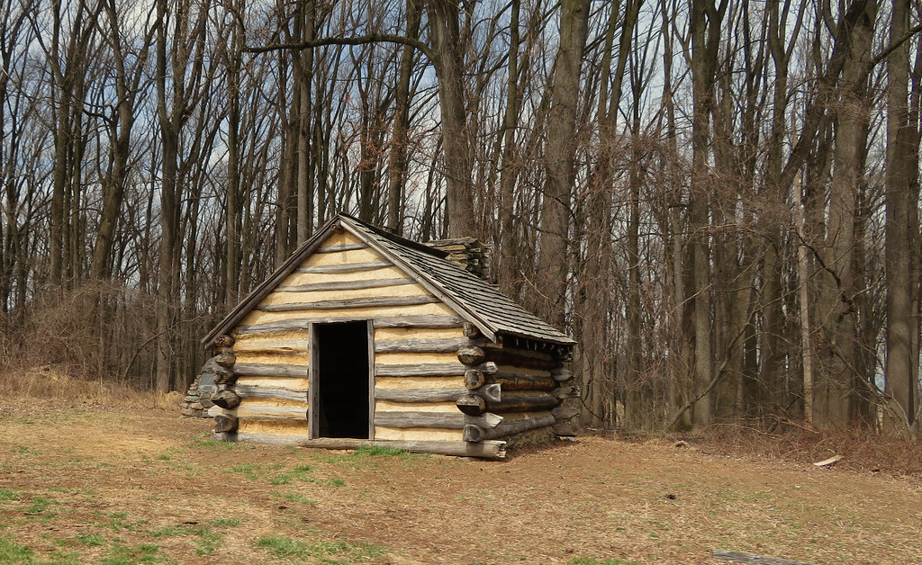 A small log hut beside leafless woodland.
