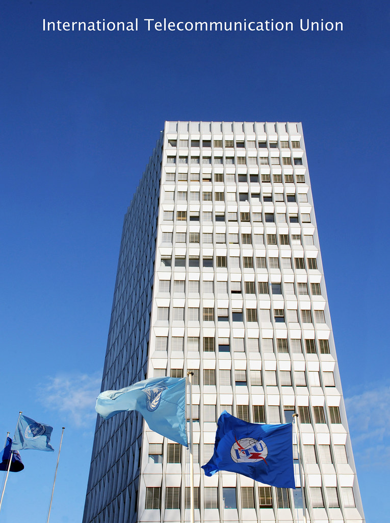 ITU tower and flags in Geneva.