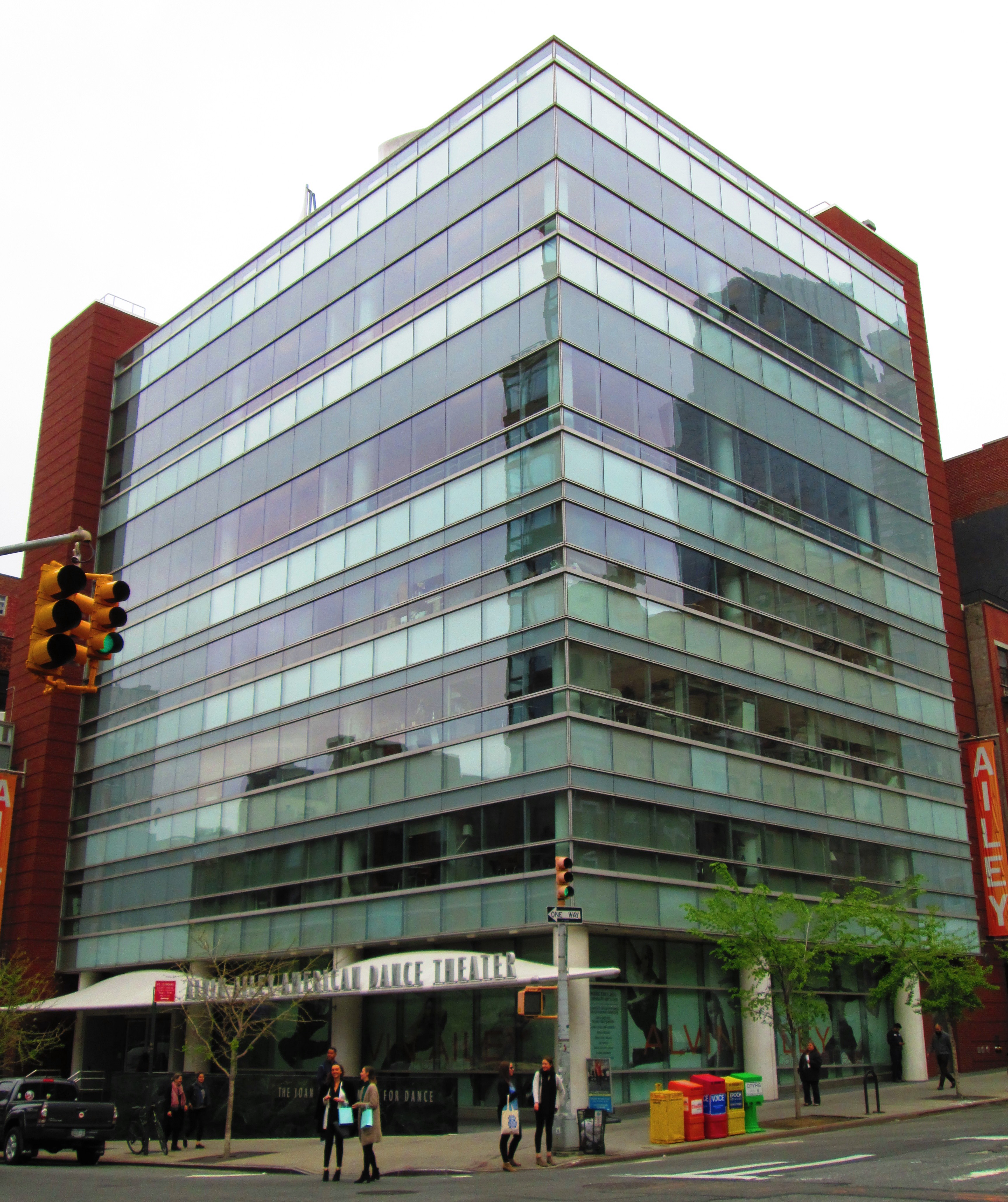Glass facade and entrance of the Alvin Ailey Joan Weill Center for Dance in Manhattan.