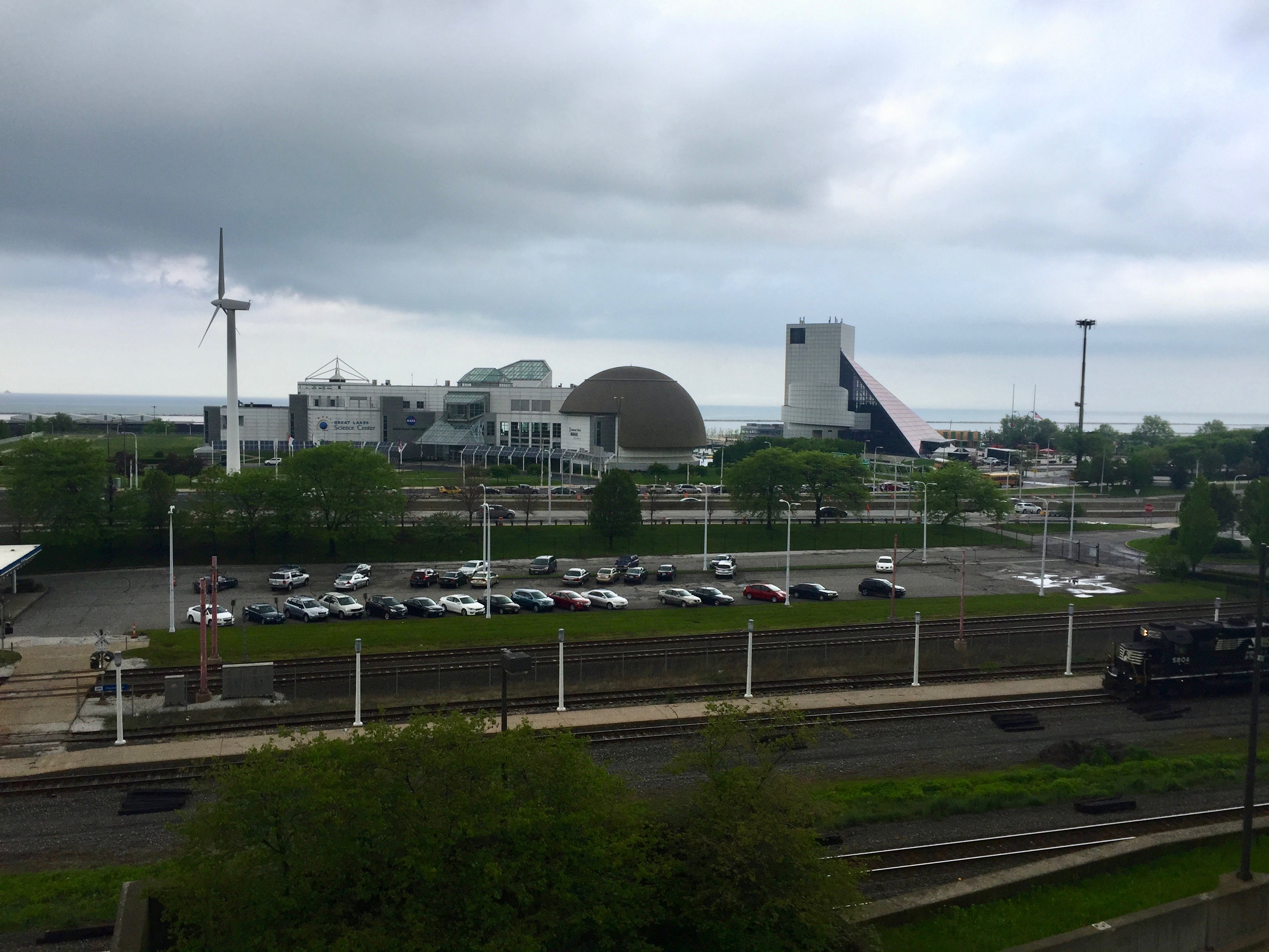 The Rock & Roll Hall of Fame at right and the neighboring Great Lakes Science Center beside the Cleveland waterfront.