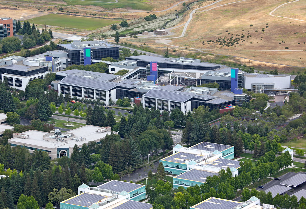 Google campus roofs seen from the air.