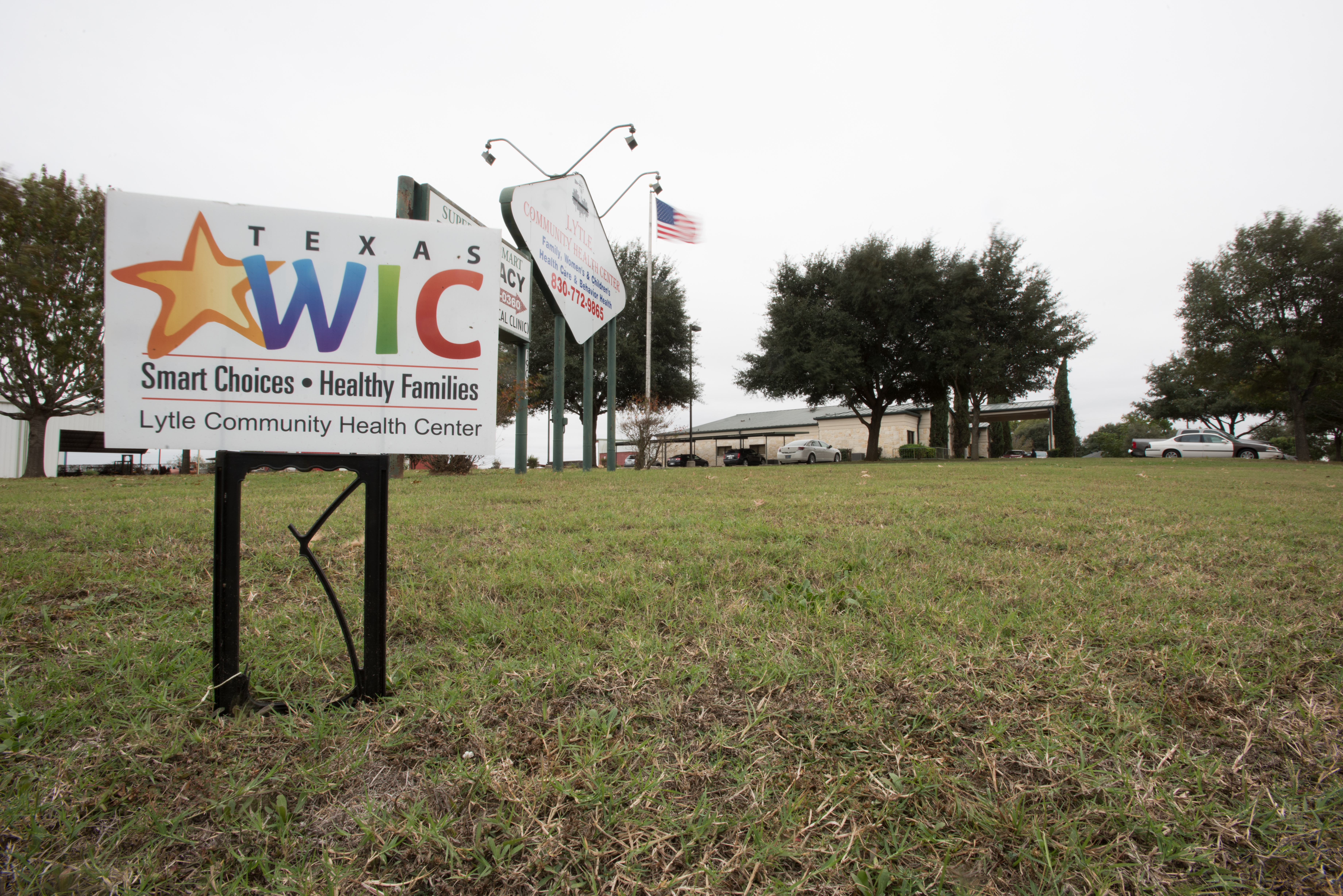 Clinic exterior and roadside signs.