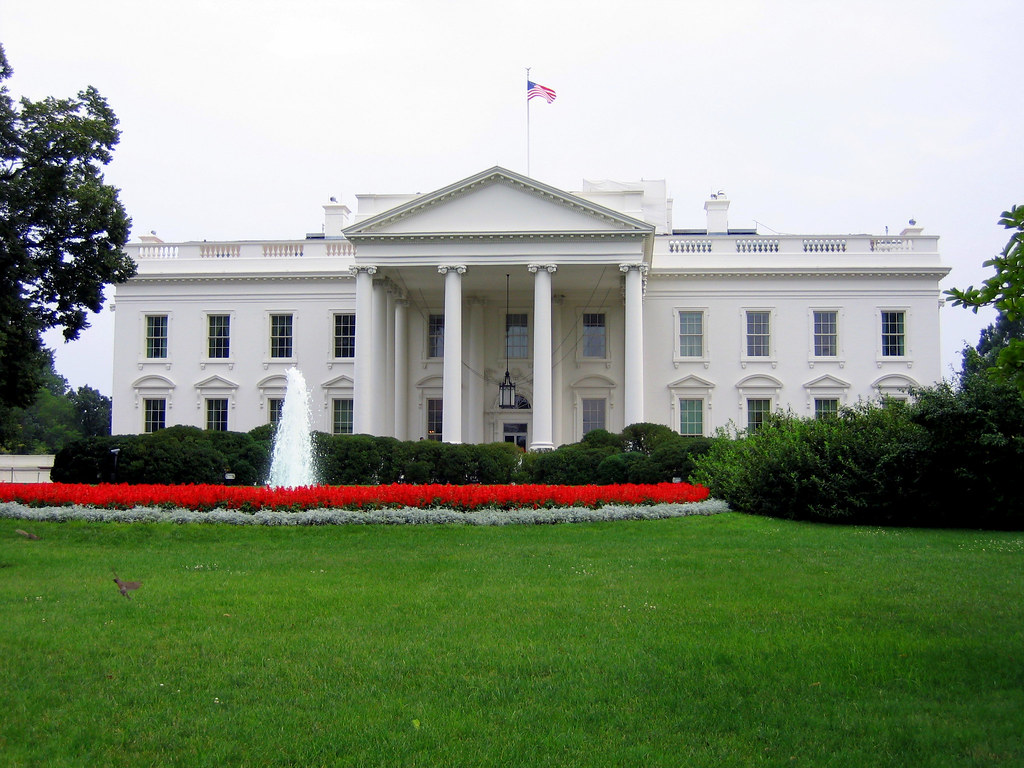 White House exterior, lawn and fountain viewed from Lafayette Square.