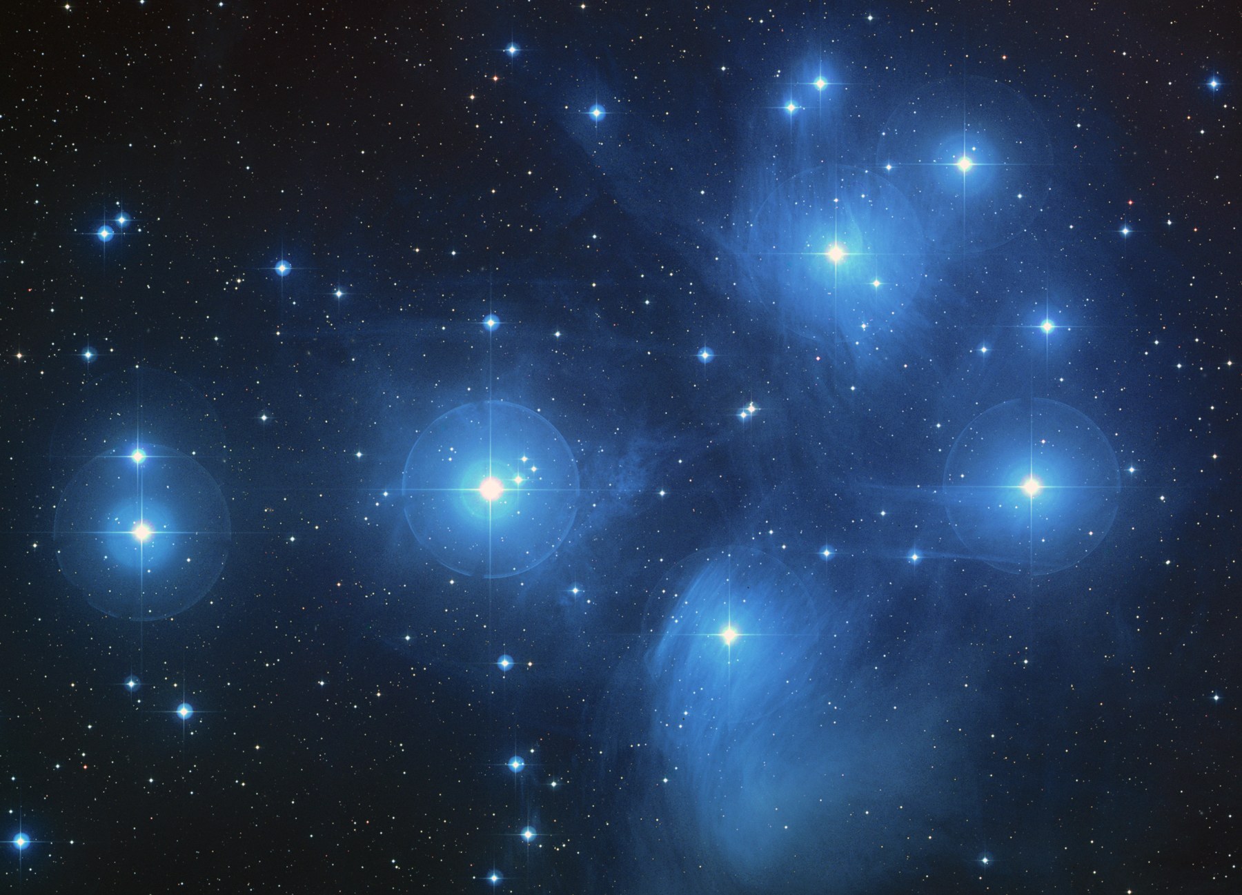 Bright blue stars of the Pleiades surrounded by blue nebulosity.
