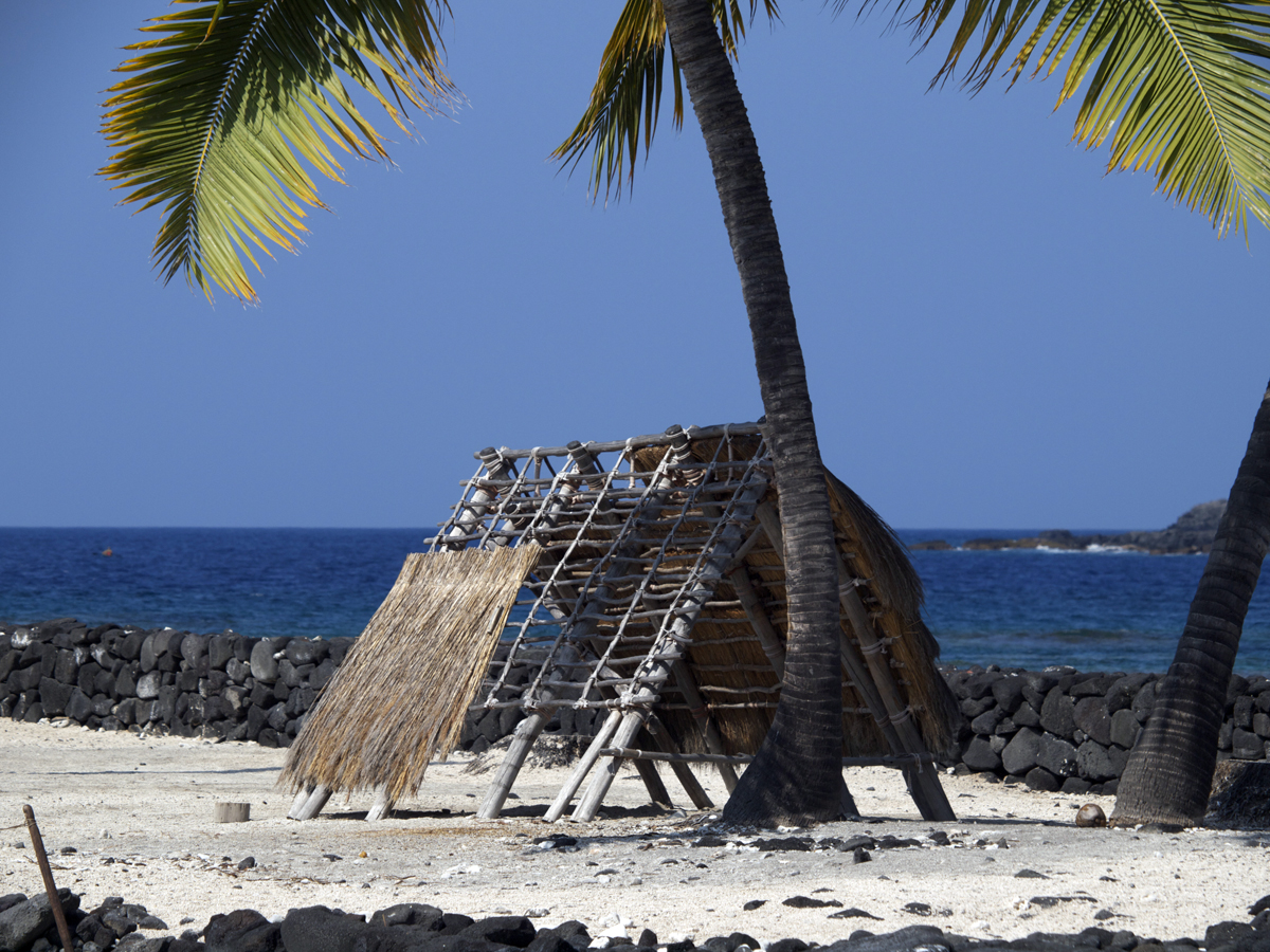 Thatched structure beside a stone wall.