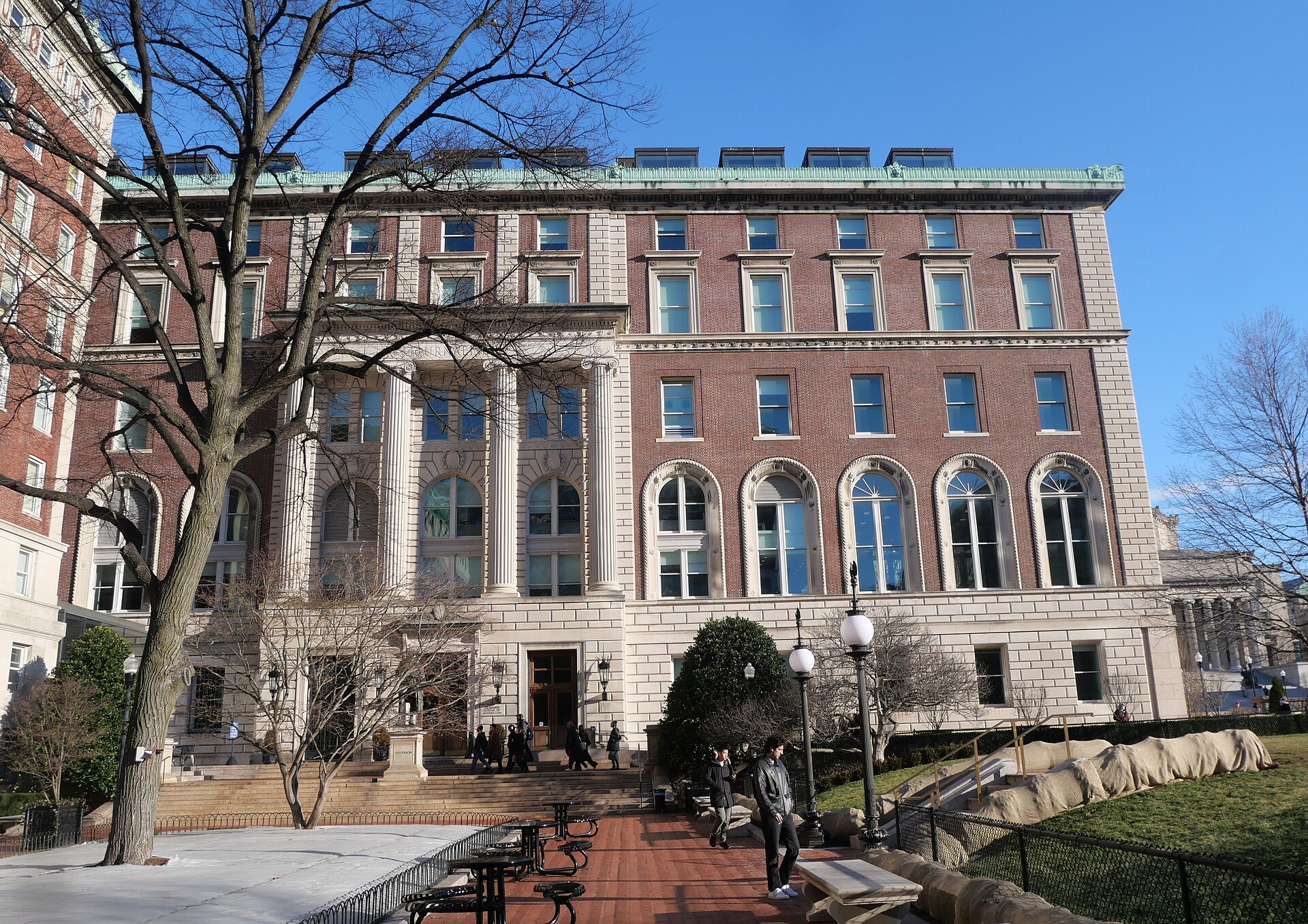 Brick and stone facade of Pulitzer Hall at Columbia University.