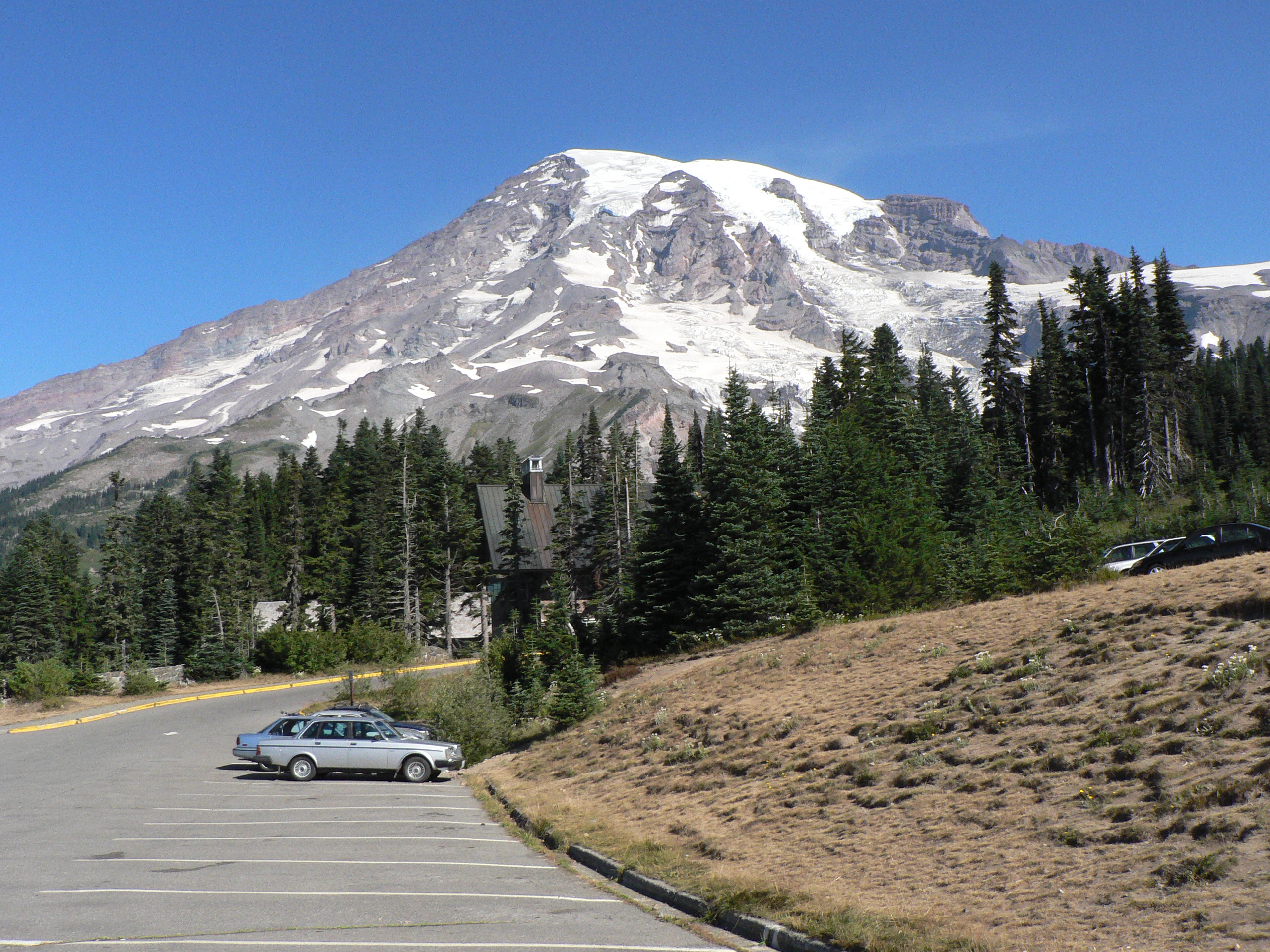 A parking area beneath Mount Rainier at Paradise.