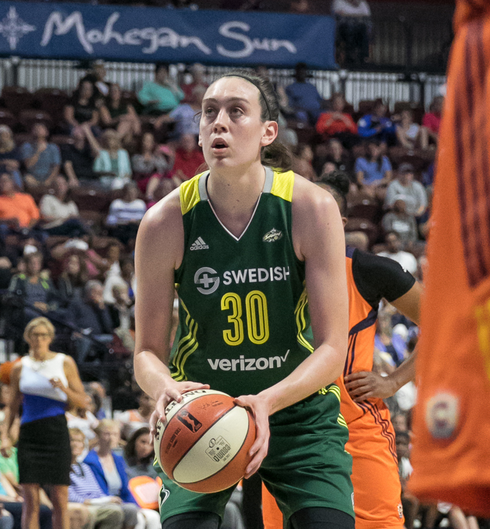 Breanna Stewart at the free-throw line in a Seattle Storm uniform.