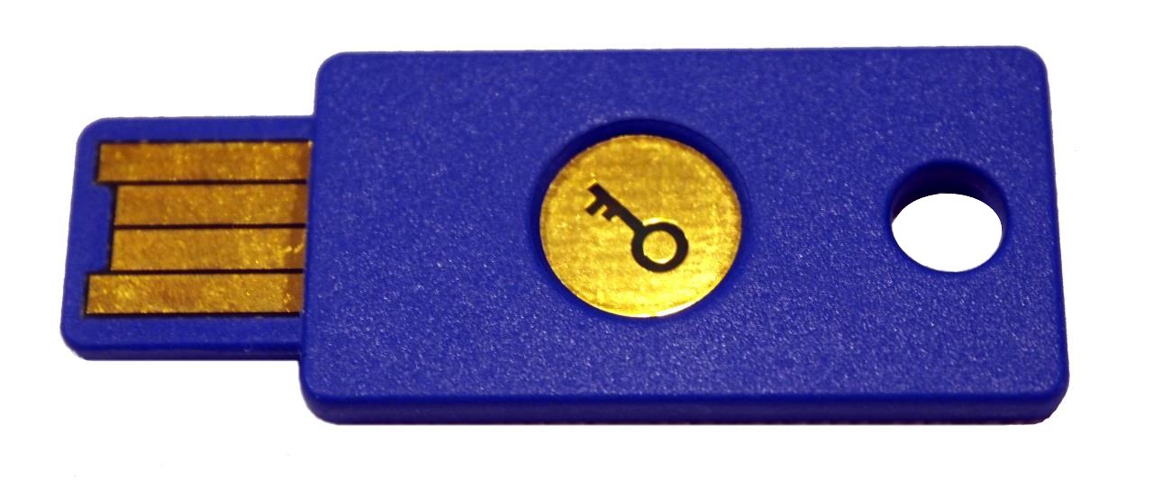Blue USB security key with gold contacts and a key symbol.