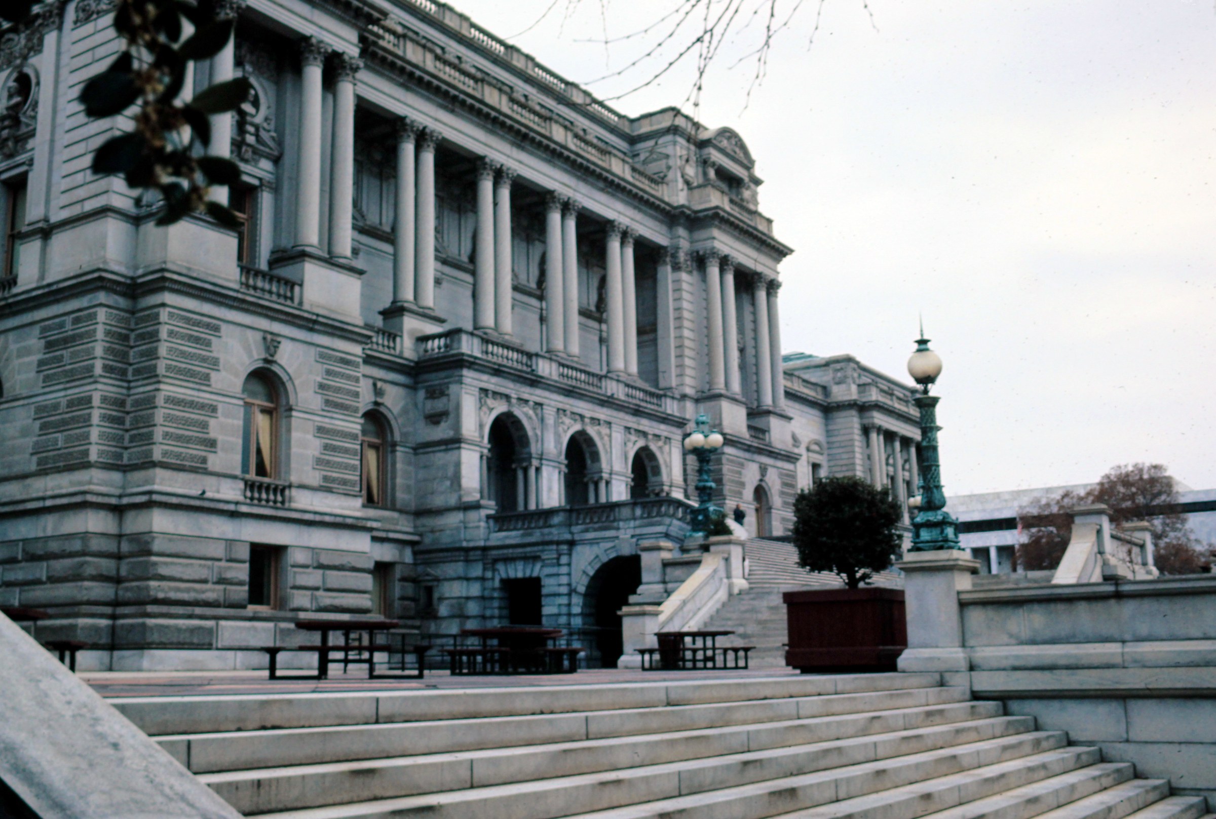 The stone Jefferson Building with its terrace, steps and lampposts.
