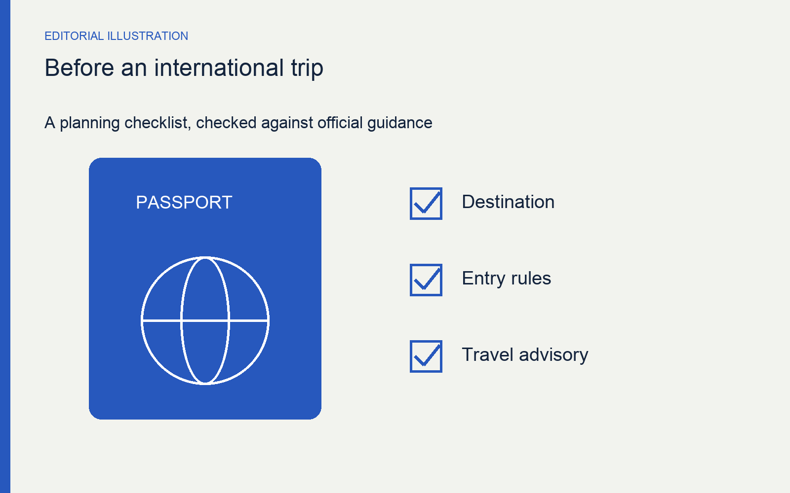 A symbolic passport sits beside destination, entry-rule and advisory checks.