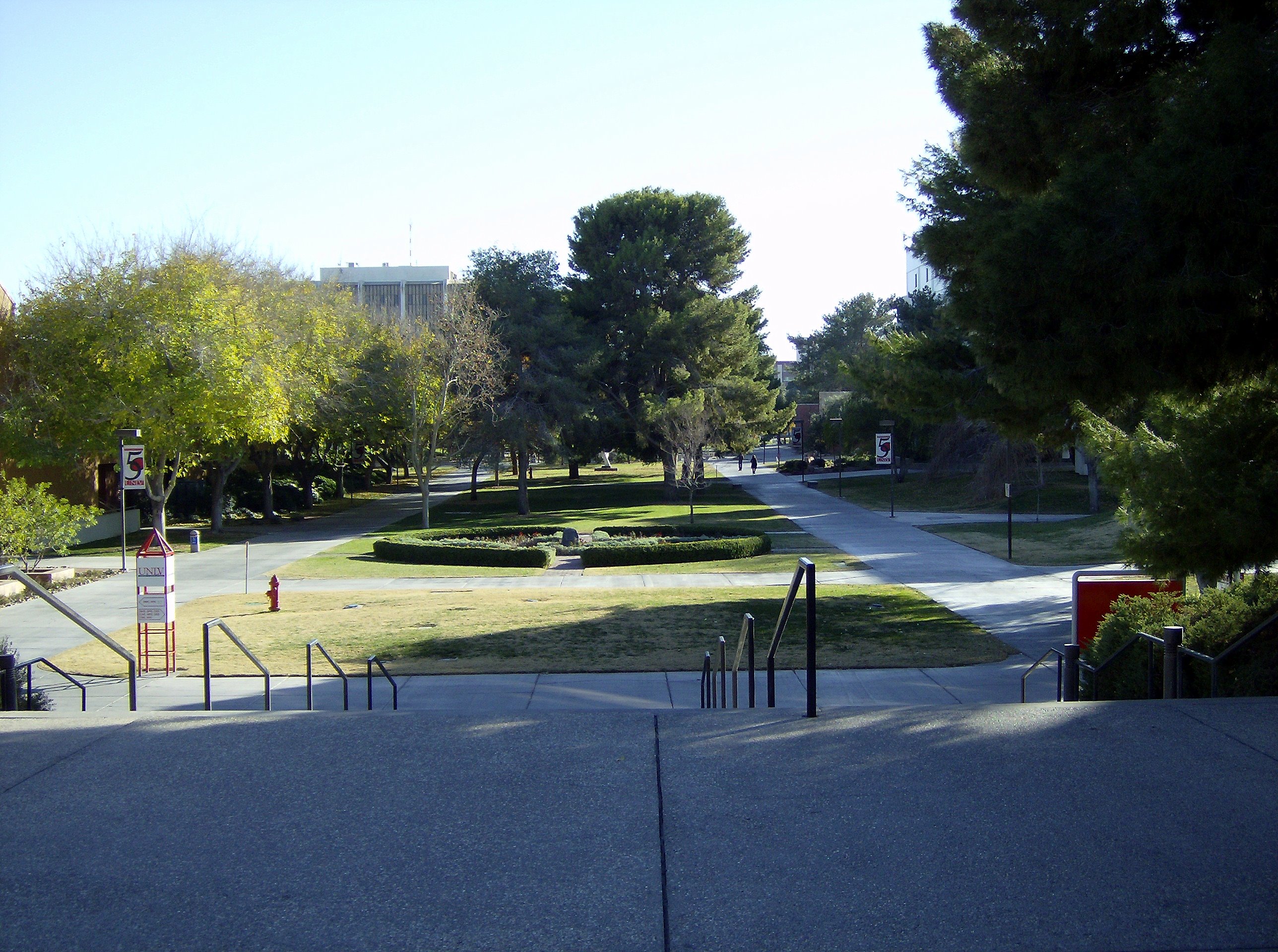 Archival UNLV campus paths and trees looking toward the Student Union, December 2007.