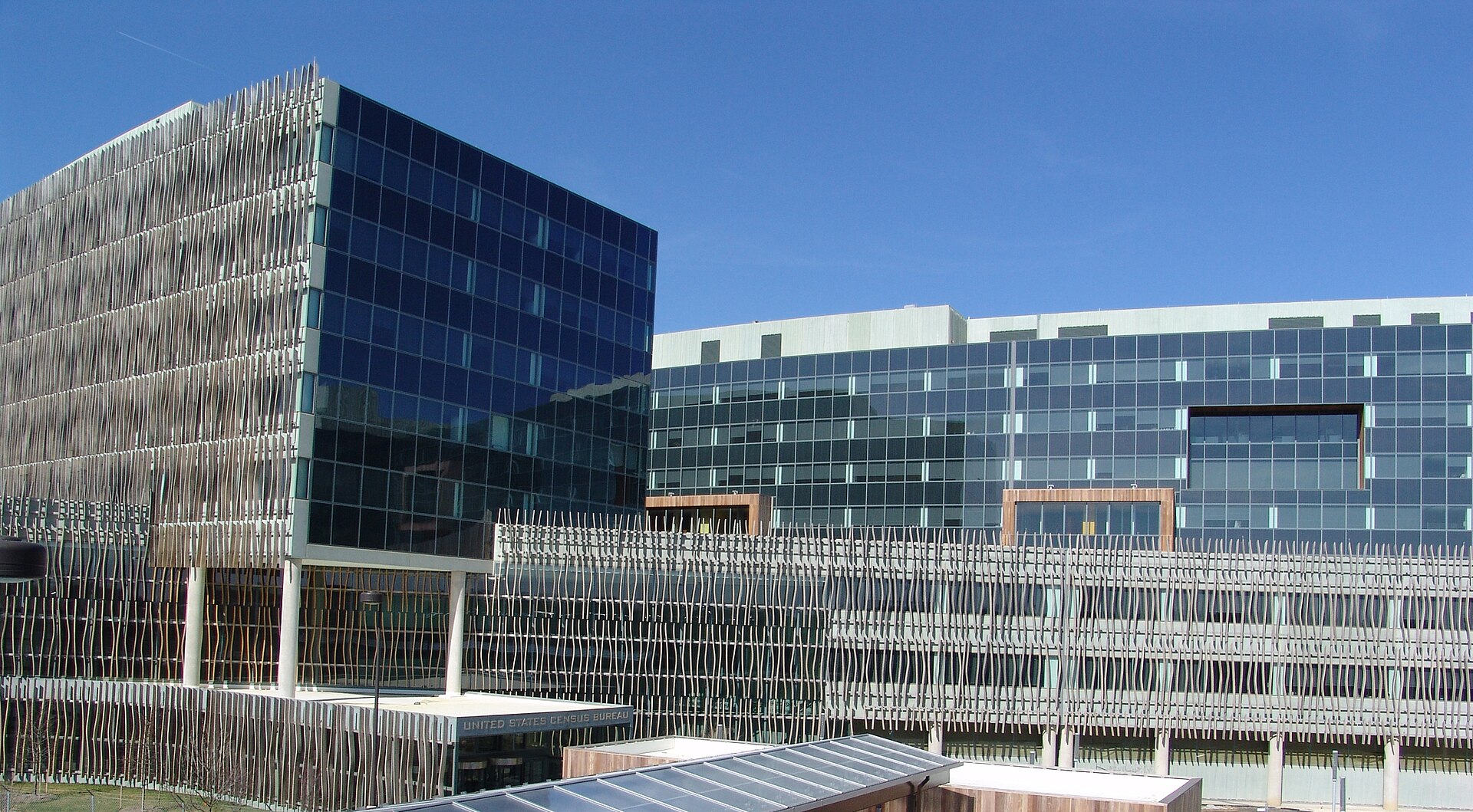 Glass and metal facade of the Census Bureau headquarters.
