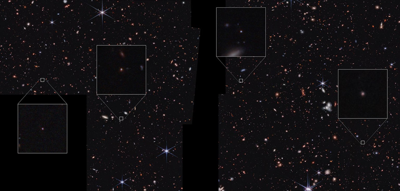 A Webb survey image with four compact galaxies highlighted in inset boxes.