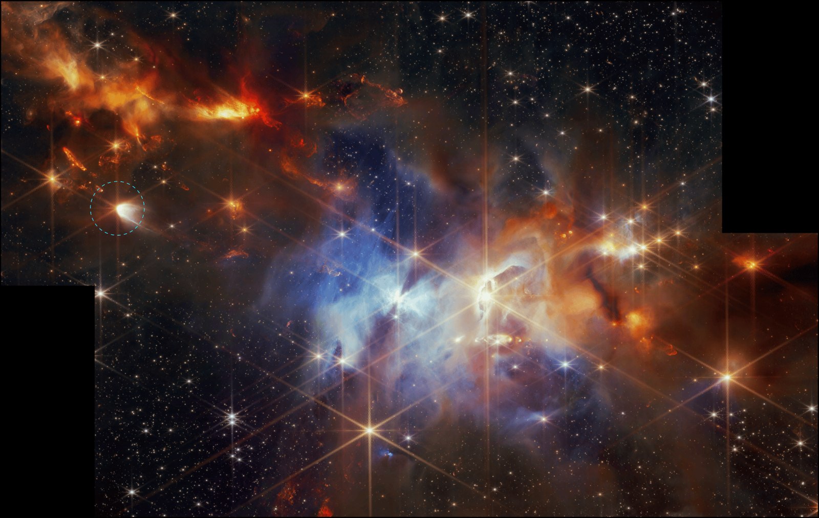 Webb infrared image of gas and stars in Serpens, with protostar EC 53 circled at left.